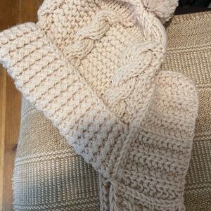 Beanie Cozy Cream Thick Crochet Hat with attached scarf
